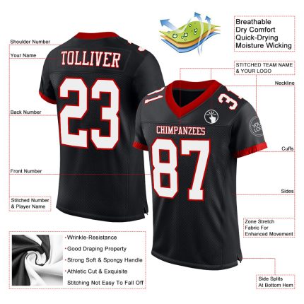 Personalized Black Red White Mesh Football Jersey for Men - Custom Size 6 Personalized Black White-Red Mesh Football Jersey