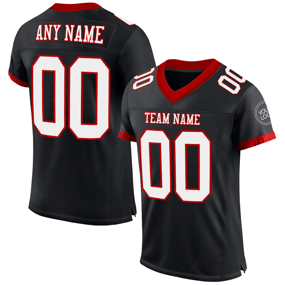 Personalized Black Red White Mesh Football Jersey for Men - Custom Size 6 Personalized Black White-Red Mesh Football Jersey