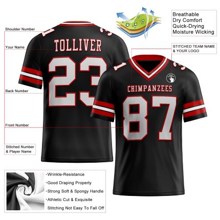 Personalized Black Red White Football Jersey for Men - Custom Number 82 Personalized Black White-Red Mesh Football Jersey