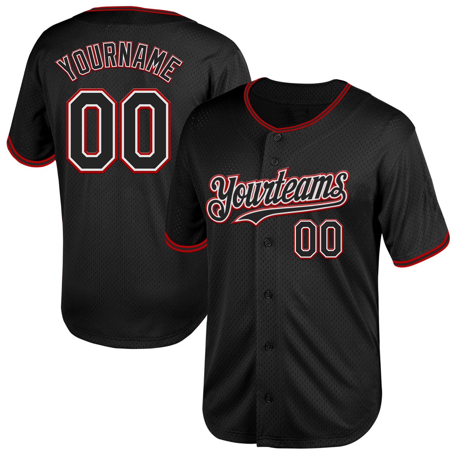 Personalized Throwback Baseball Jersey in Black White Red Mesh Style Personalized Black White-Red Mesh Throwback Baseball