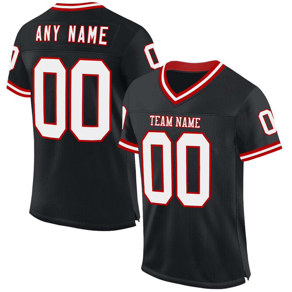 Personalized Black Red White Mesh Throwback Football Jersey for Men Personalized Black White-Red Mesh Throwback Football