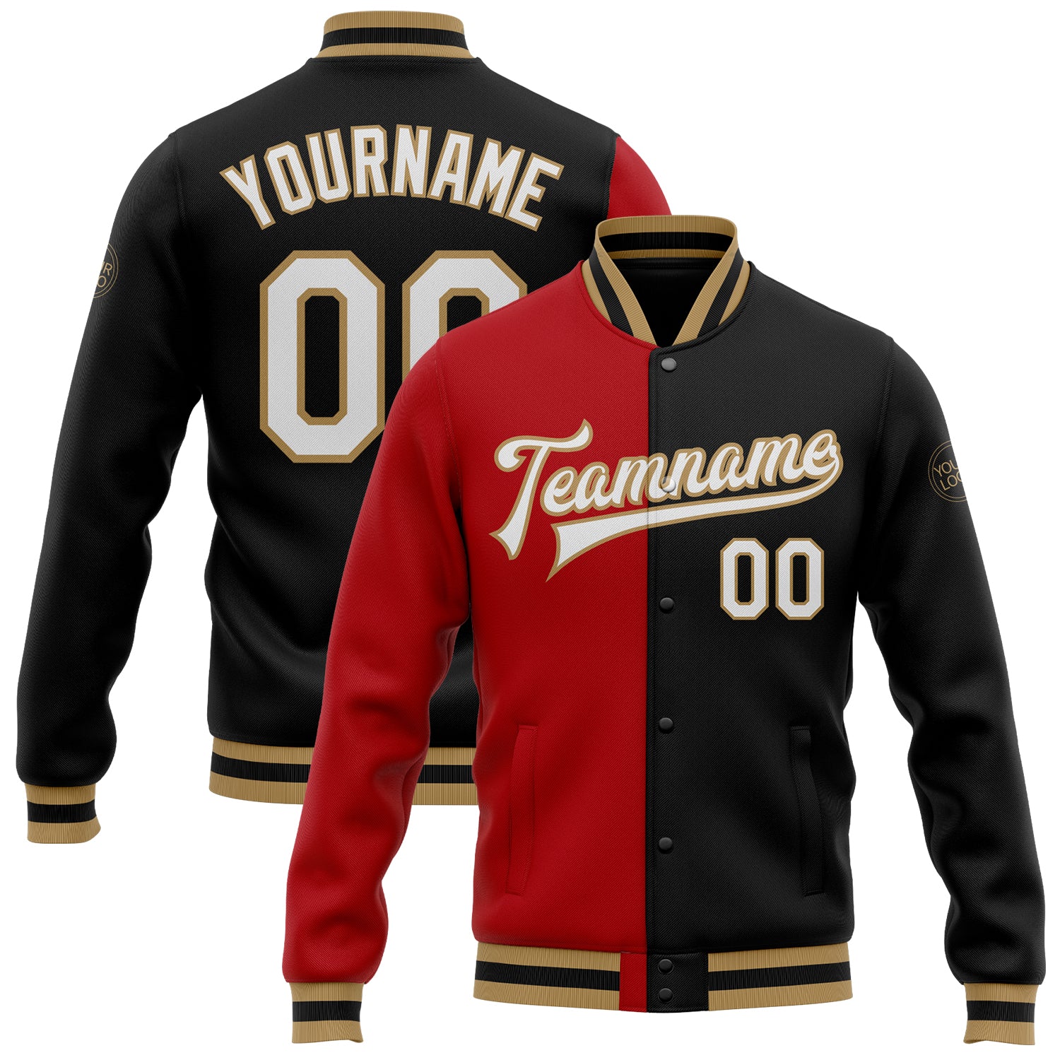 Custom Name Number Varsity Jacket Black White Red Gold Bomber Full-Snap Split Fashion Team Letterman Design Personalized