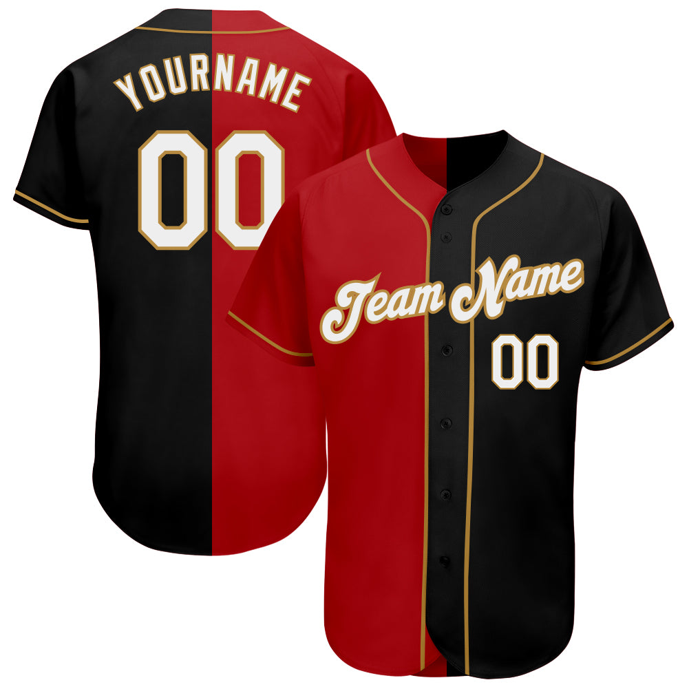 Personalized Fashion Baseball Jersey - Black, White, Red, Old Gold Split Design Personalized Black White-Red Old Gold Split