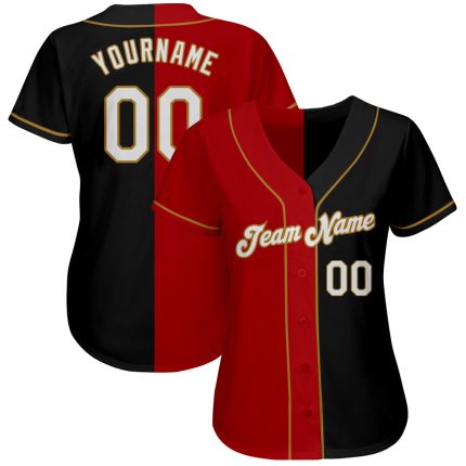 Personalized Fashion Baseball Jersey - Black, White, Red, Old Gold Split Design Personalized Black White-Red Old Gold Split