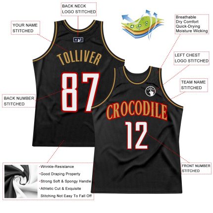 Personalized Black Red White Throwback Basketball Jersey - Old Gold Design Personalized Black White Red-Old Gold Throwback