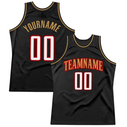 Personalized Black Red White Throwback Basketball Jersey - Old Gold Design Personalized Black White Red-Old Gold Throwback