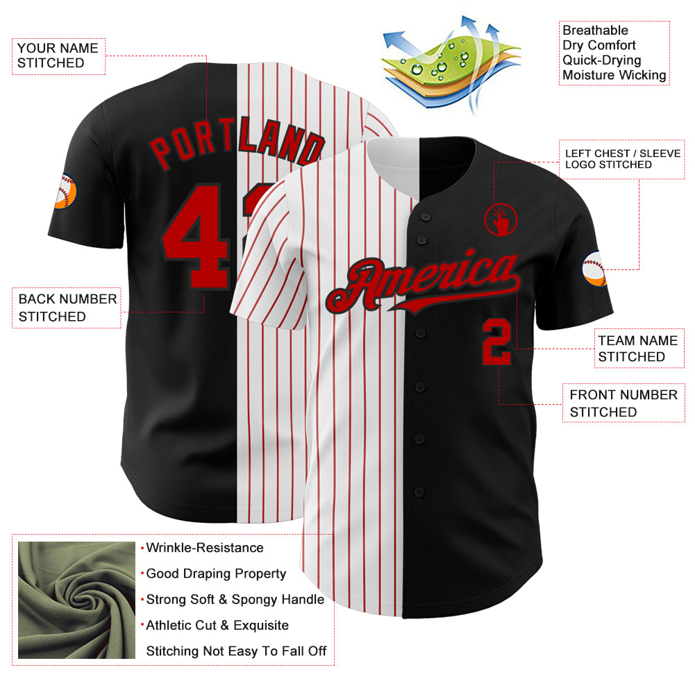 Personalized Black Red White Pinstripe Baseball Jersey Stylish Fashion Top Personalized Black White-Red Pinstripe Split Fashion - Image 3
