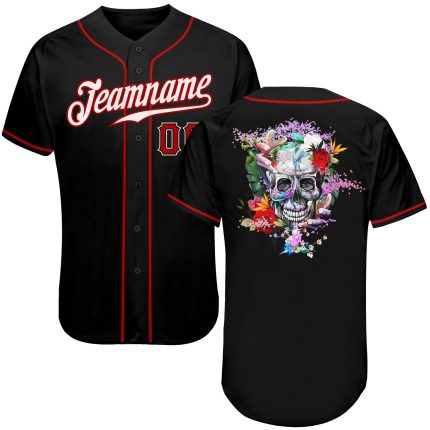 Personalized Skull Baseball Jersey in Black, White, and Red - Fashion Sports Apparel Personalized Black White-Red Skull Fashion