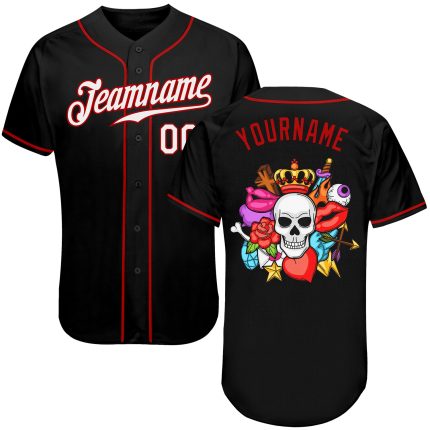 Personalized Skull Fashion Baseball Jersey - Black White Red Design Personalized Black White-Red Skull Fashion Baseball Jersey