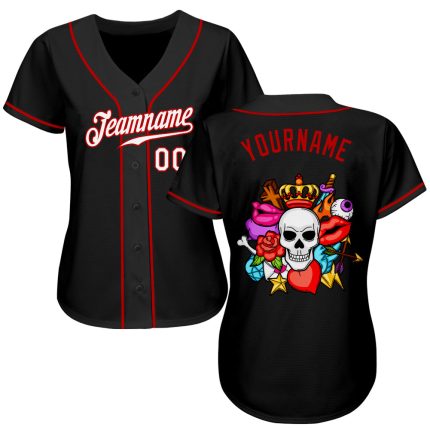 Personalized Skull Fashion Baseball Jersey - Black White Red Design Personalized Black White-Red Skull Fashion Baseball Jersey