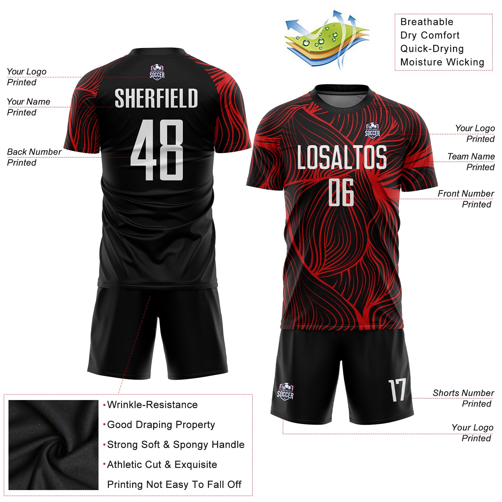 Personalized Sublimation Soccer Jersey Black White Red - Custom Uniform 2 Personalized Black White-Red Sublimation Soccer - Image 3