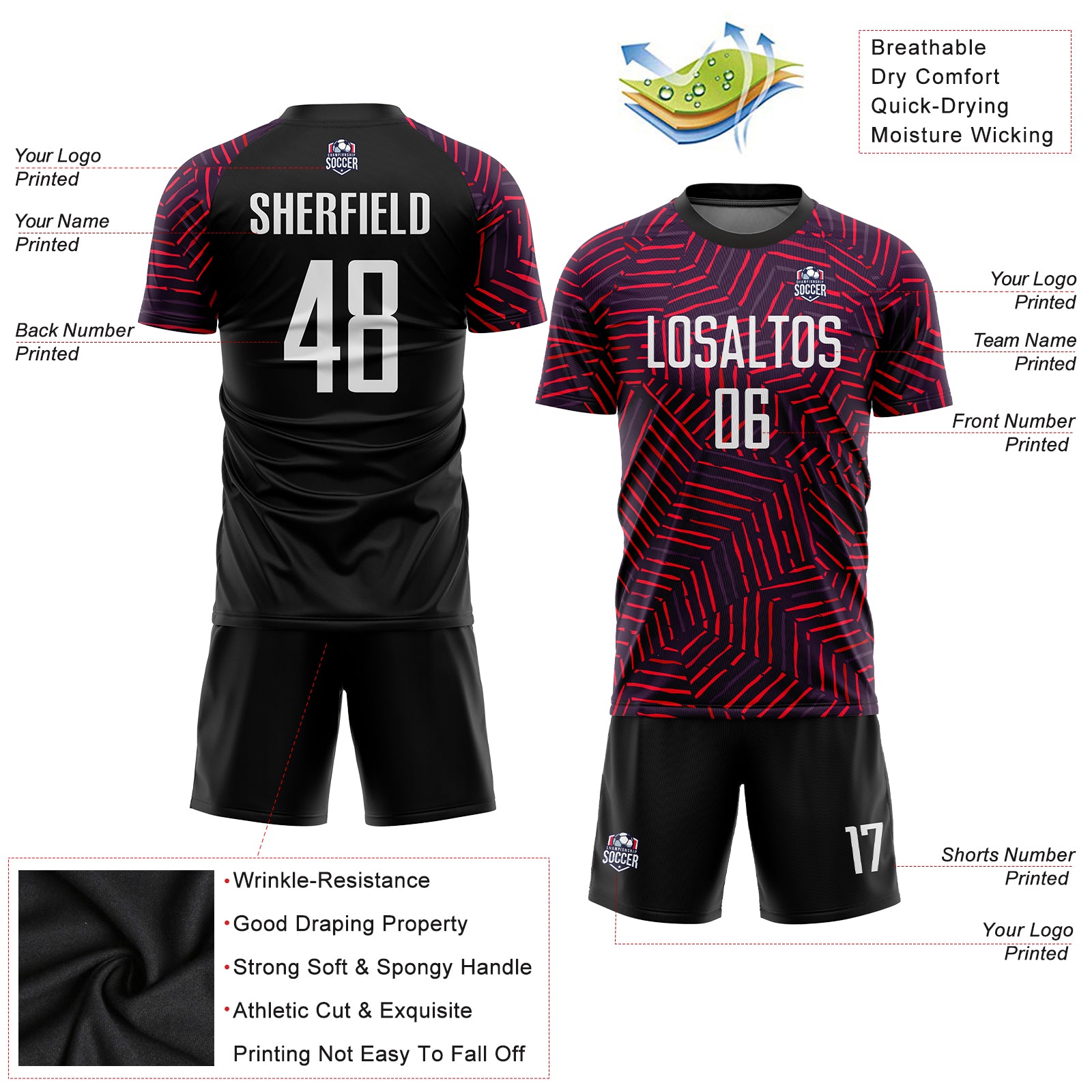 Personalized Black Red White Sublimation Soccer Jersey Uniform for Kids 3 Personalized Black White-Red Sublimation Soccer - Image 3