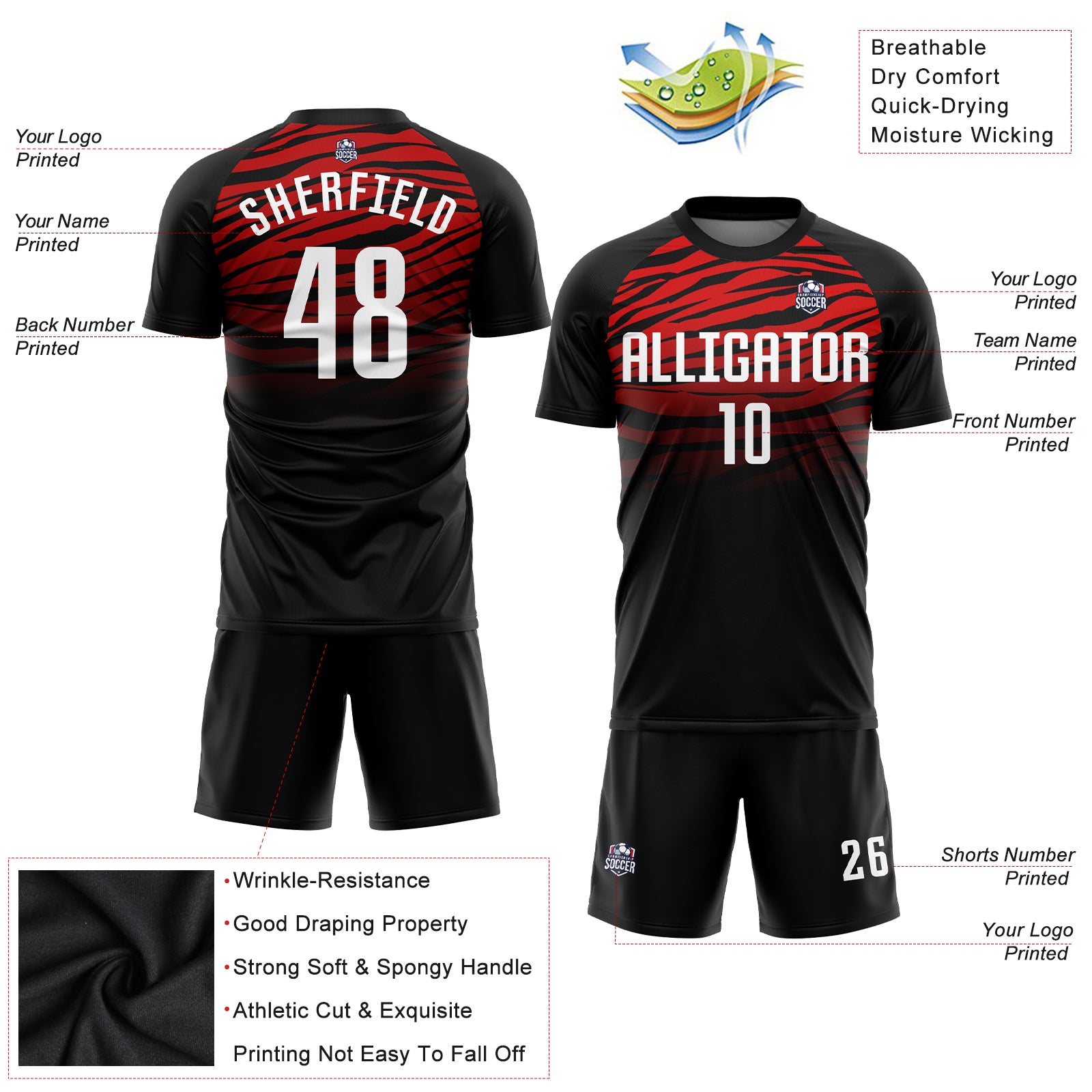 Personalized Sublimation Soccer Jersey Black White Red - Custom Team Uniform Personalized Black White-Red Sublimation Soccer - Image 3