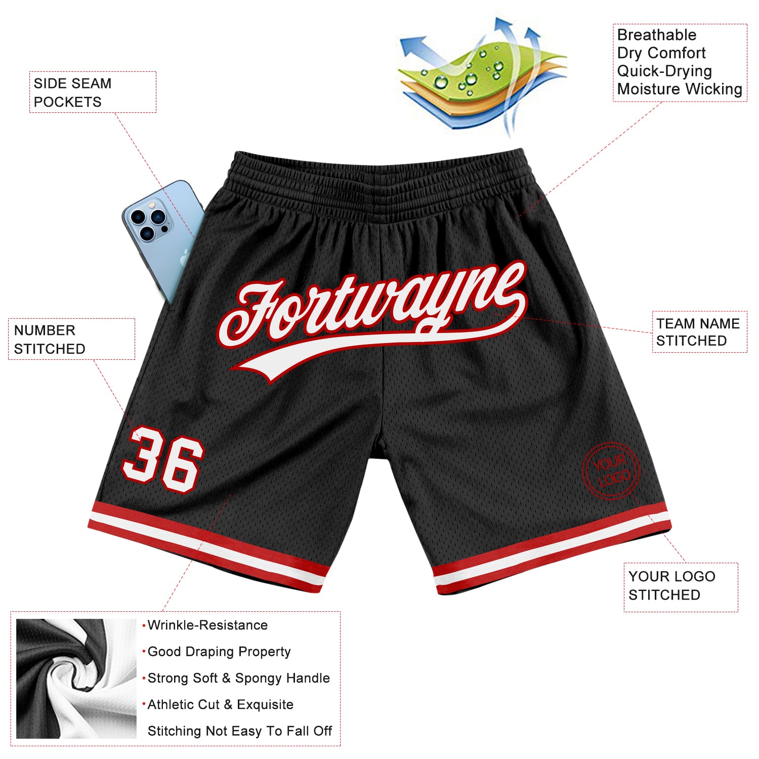 Personalized Basketball Shorts Black White Red Throwback Style 3 Personalized Black White-Red Throwback Basketball Shorts - Image 2