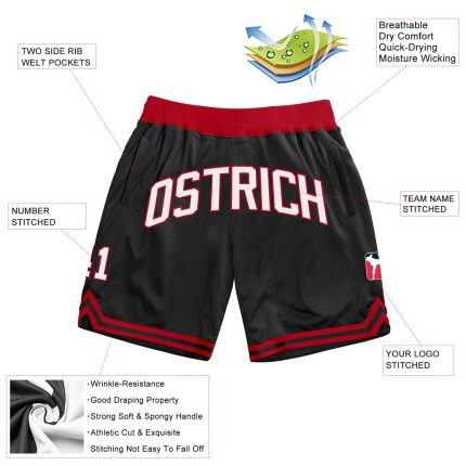 Personalized Throwback Basketball Shorts in Black, White, and Red Personalized Black White-Red Throwback Basketball Shorts