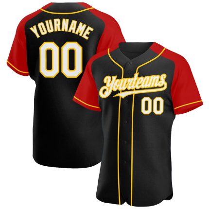 Personalized Raglan Baseball Jersey in Black, White, Red, and Yellow Personalized Black White Red-Yellow Raglan Sleeves Baseball