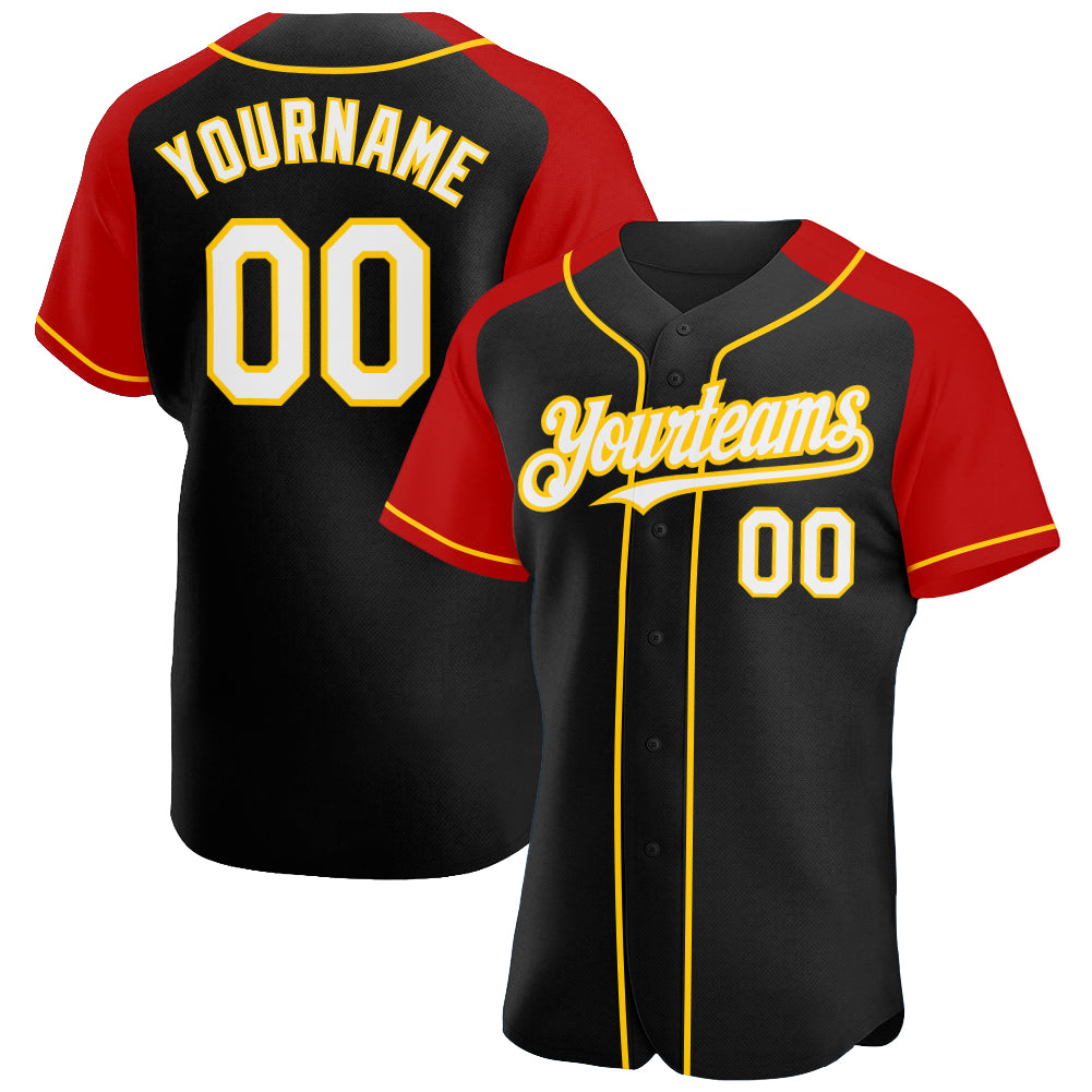 Personalized Raglan Baseball Jersey in Black, White, Red, and Yellow Personalized Black White Red-Yellow Raglan Sleeves Baseball