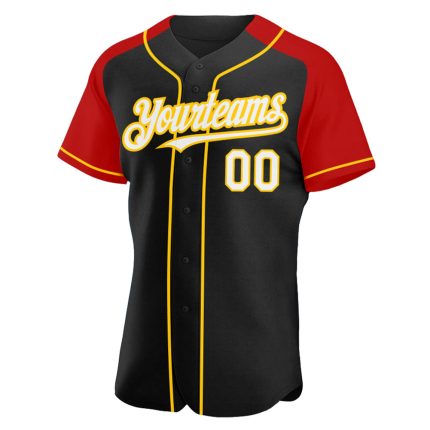 Personalized Raglan Baseball Jersey in Black, White, Red, and Yellow Personalized Black White Red-Yellow Raglan Sleeves Baseball