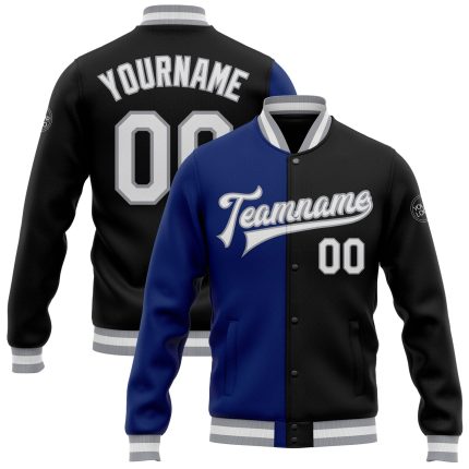 Personalized Royal Gray Black White Varsity Letterman Bomber Jacket Full-Snap Fashion Personalized Black White Royal-Gray