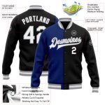 Custom Name Number Varsity Letterman Bomber Jacket - Black White Royal Gray Full-Snap Fashion Team Style Personalized Black