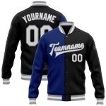 Custom Name Number Varsity Letterman Bomber Jacket - Black White Royal Gray Full-Snap Fashion Team Style Personalized Black