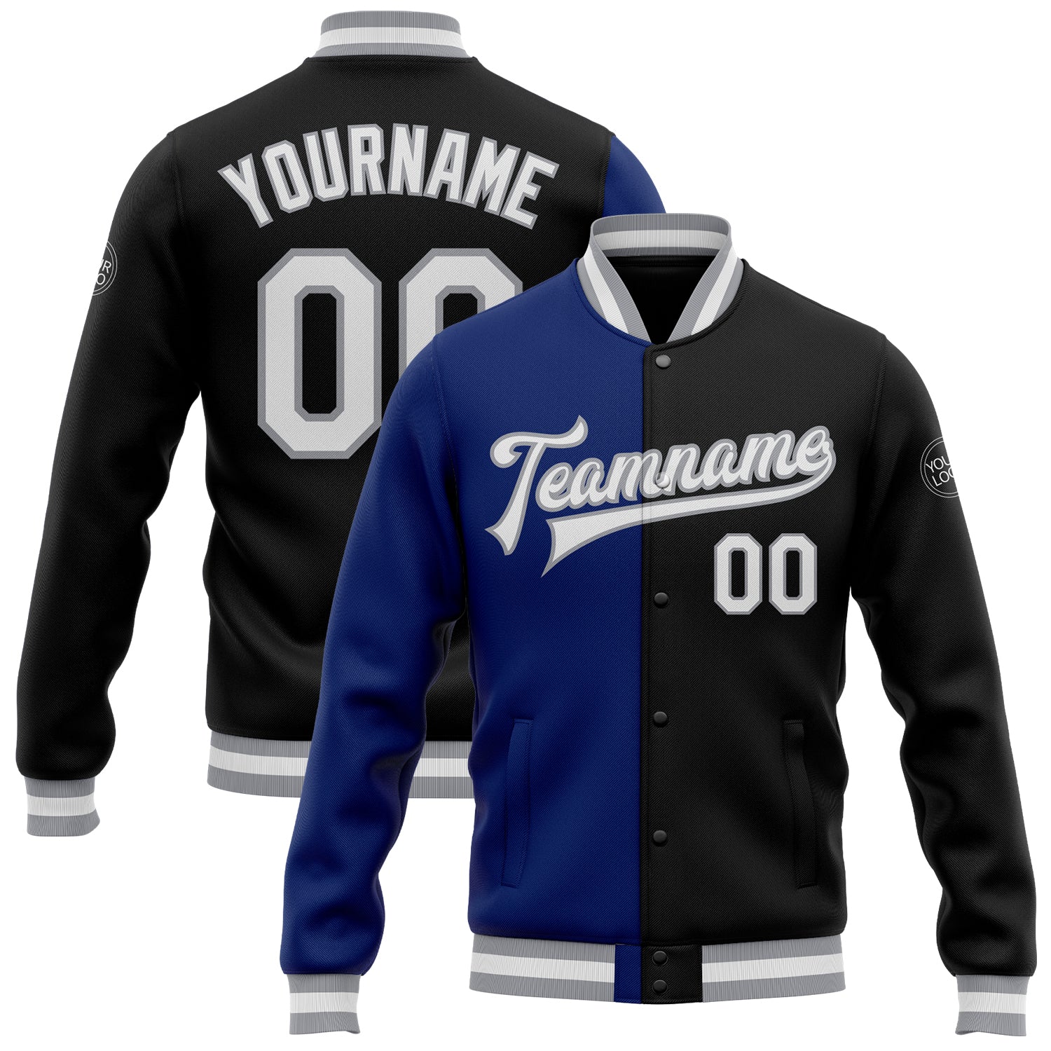 Custom Name Number Varsity Letterman Bomber Jacket - Black White Royal Gray Full-Snap Fashion Team Style Personalized Black