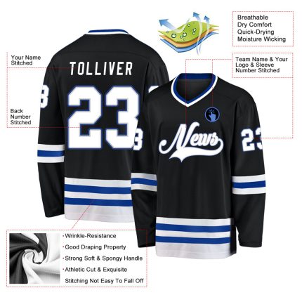 Personalized Black and White Hockey Jersey - Royal Team Colors Personalized Black White-Royal Hockey Jersey