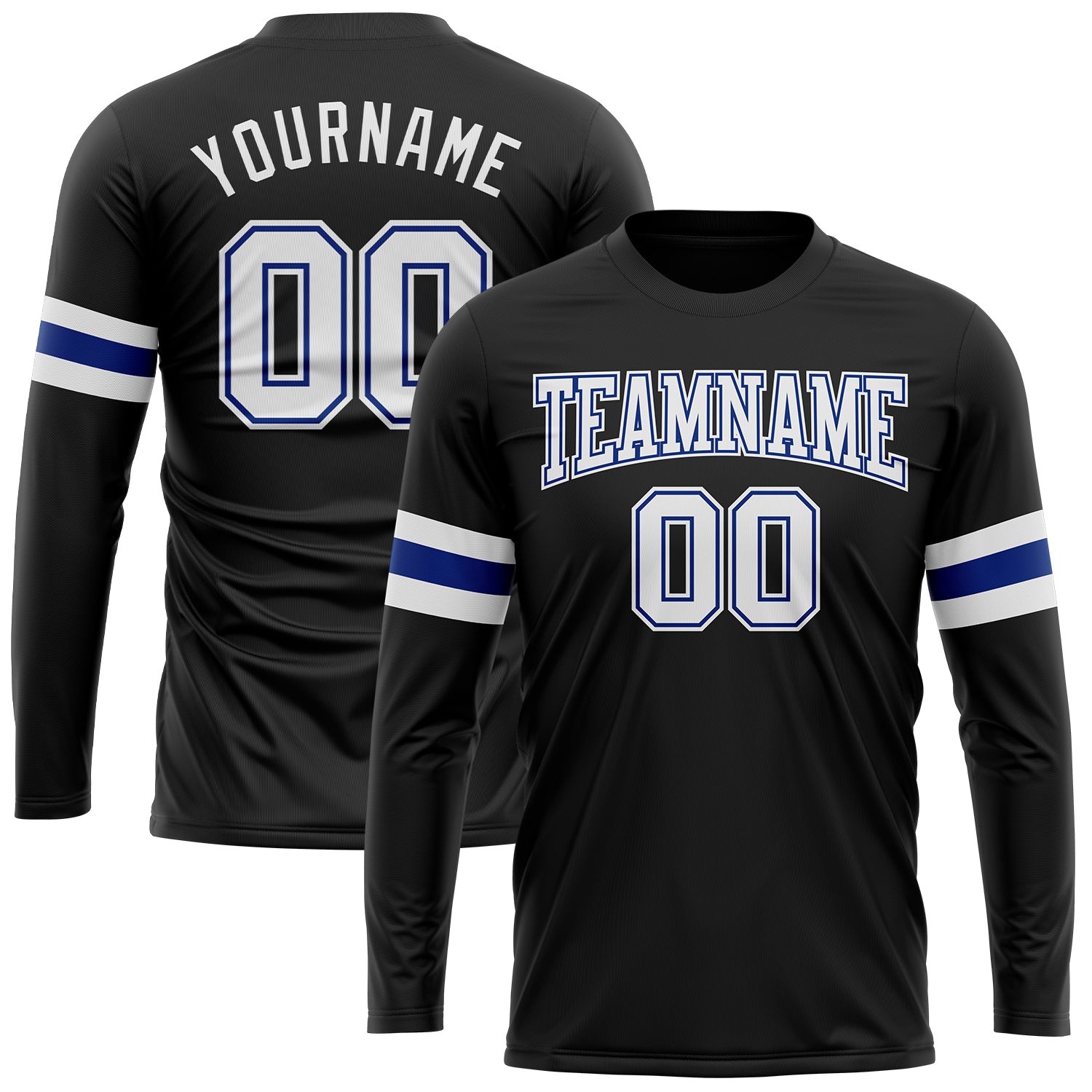 Custom Name and Number Long Sleeve Performance T-Shirt - Personalized Black White-Royal Team Apparel Personalized Black White-Royal