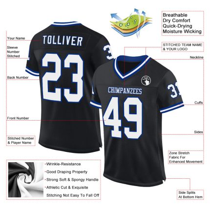 Personalized Black White Royal Mesh Football Jersey - Authentic Throwback Style Personalized Black White-Royal Mesh Authentic