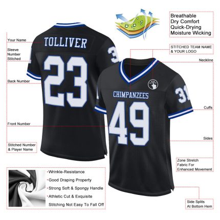 Personalized Black White Royal Mesh Football Jersey - Custom Throwback Style Personalized Black White-Royal Mesh Throwback