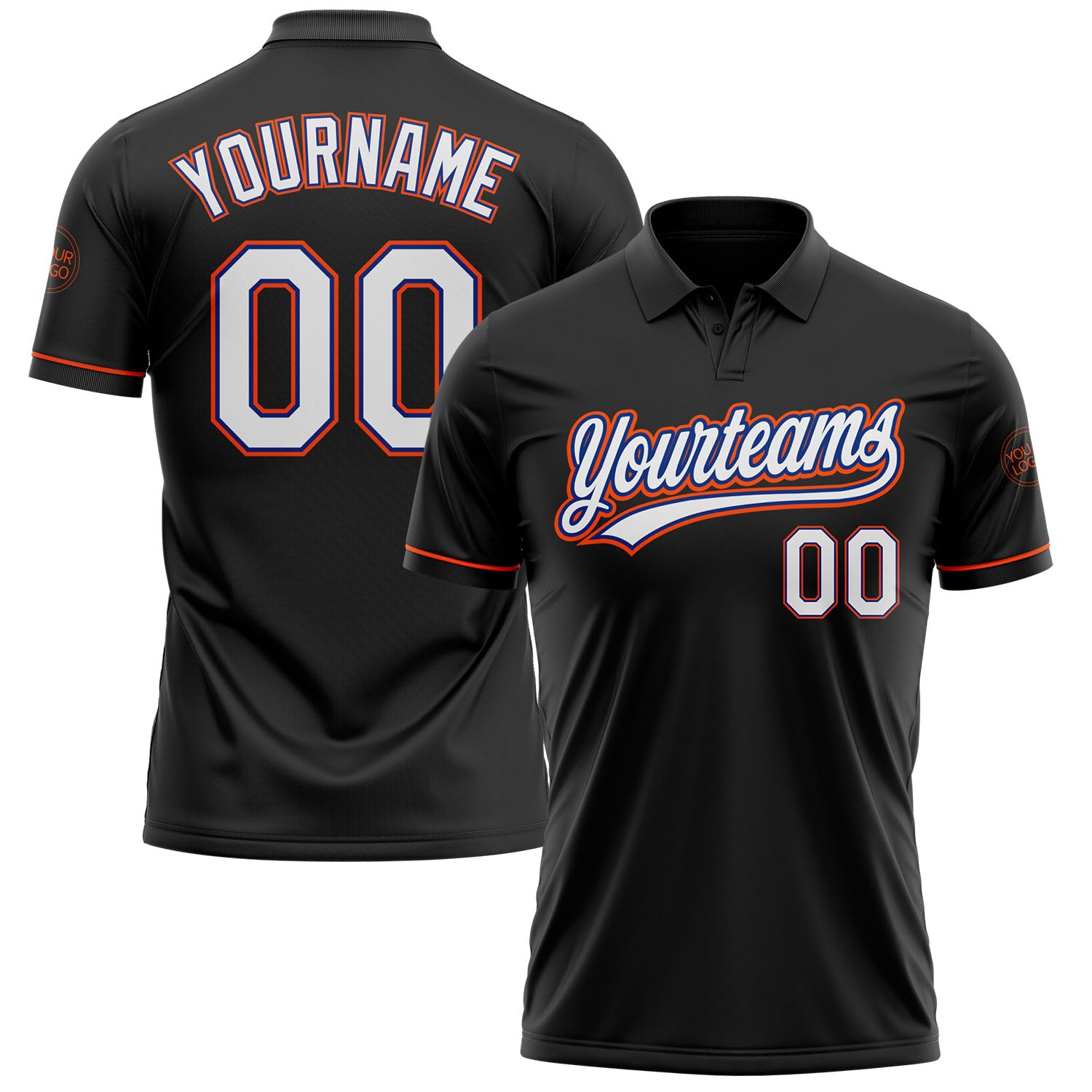 Custom Name Number Personalized Black White Royal Orange Golf Polo Shirt - Performance Vapor Team Apparel Personalized Black