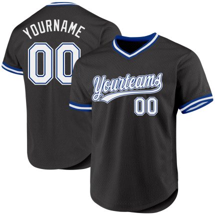 Personalized Black and White Baseball Jersey - Royal Throwback Style Personalized Black White-Royal Throwback Baseball Jersey