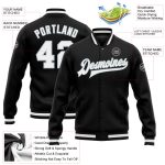 Personalized Varsity Letterman Jacket Black White Silver Full-Snap Bomber Personalized Black White-Silver Bomber Full-Snap