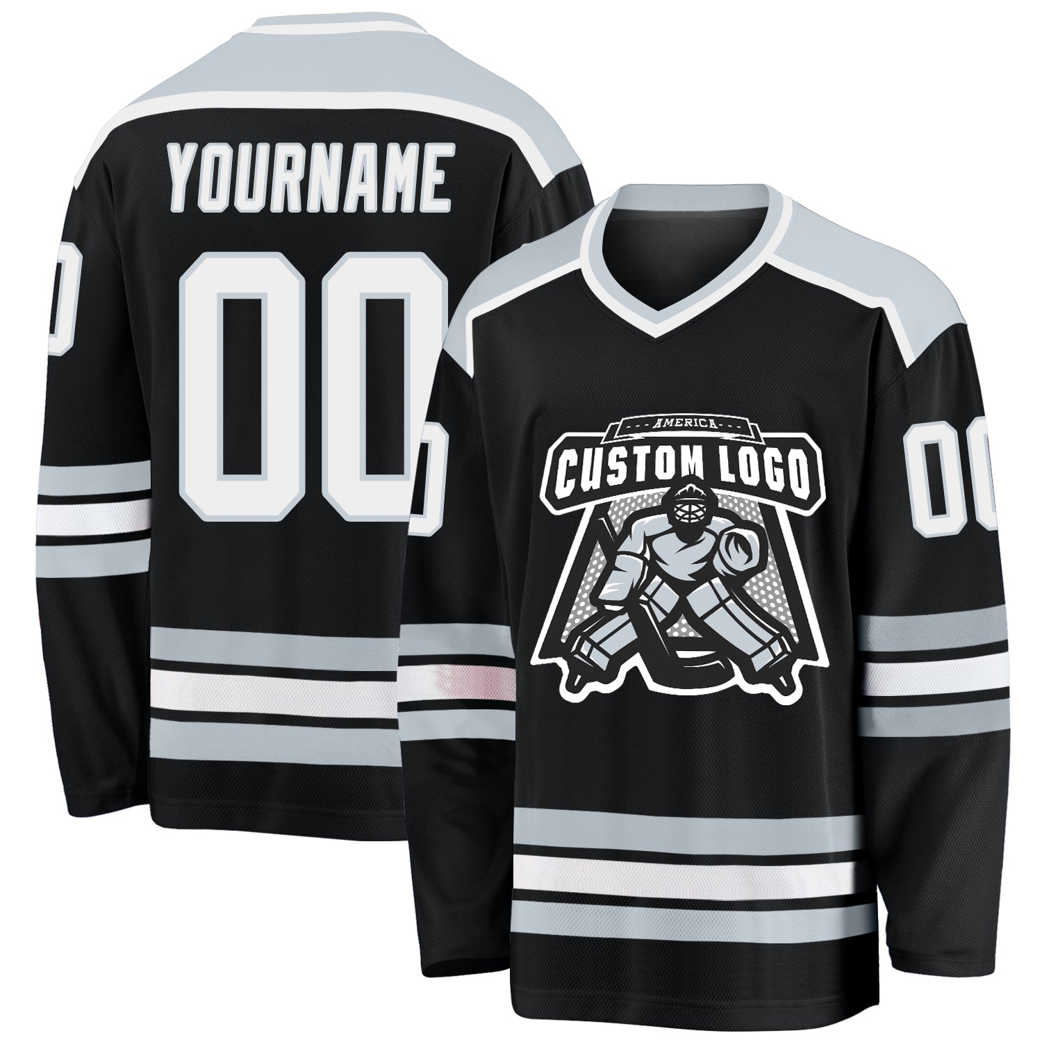 Custom Name and Number Personalized Hockey Jersey - Black White Silver Team Design Personalized Black White-Silver Hockey
