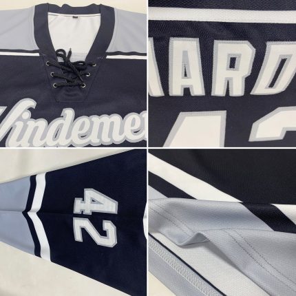 Personalized Black White-Silver Hockey Jersey with Lace Neck Design Personalized Black White-Silver Hockey Lace Neck Jersey