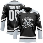 Personalized Black White-Silver Hockey Jersey with Lace Neck Design Personalized Black White-Silver Hockey Lace Neck Jersey