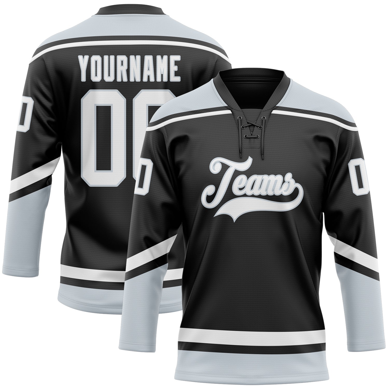 Custom Name and Number Personalized Hockey Jersey Black White-Silver Lace Neck Team Edition Personalized Black White-Silver