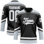 Personalized Black White-Silver Hockey Jersey with Lace Neck Design Personalized Black White-Silver Hockey Lace Neck Jersey