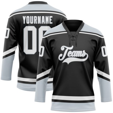 Personalized Black White-Silver Hockey Jersey with Lace Neck Design Personalized Black White-Silver Hockey Lace Neck Jersey