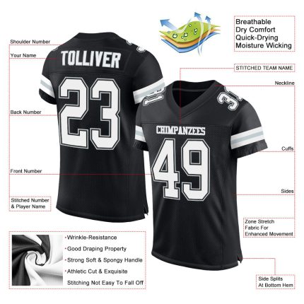 Personalized Authentic Football Jersey in Black, White, Silver Mesh - Custom Team Apparel Personalized Black White-Silver
