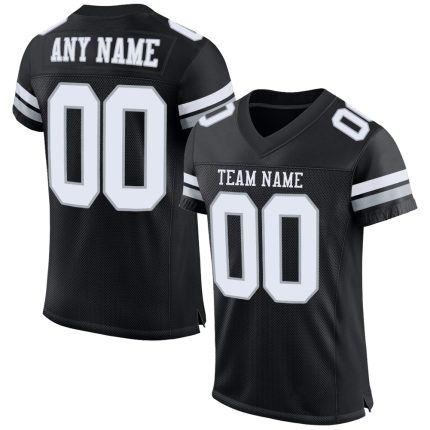 Custom Team Name Number Black White Silver Mesh Football Jersey - Personalized Authentic Jersey Personalized Black White-Silver