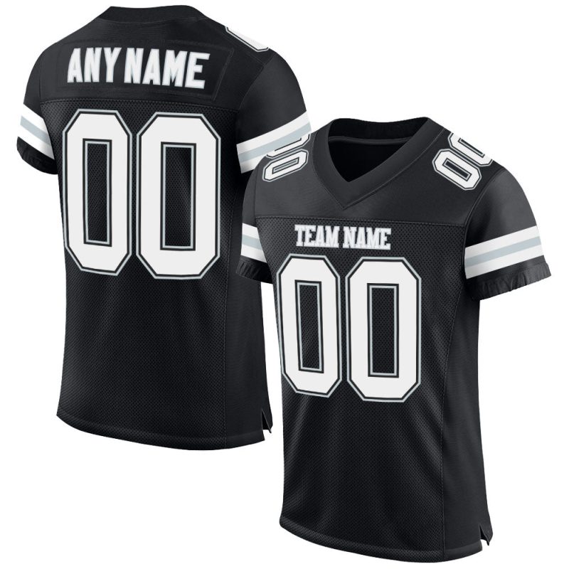 Personalized Football Jersey - Black White Silver Mesh Design for Custom Team Wear Personalized Black White-Silver Mesh Football