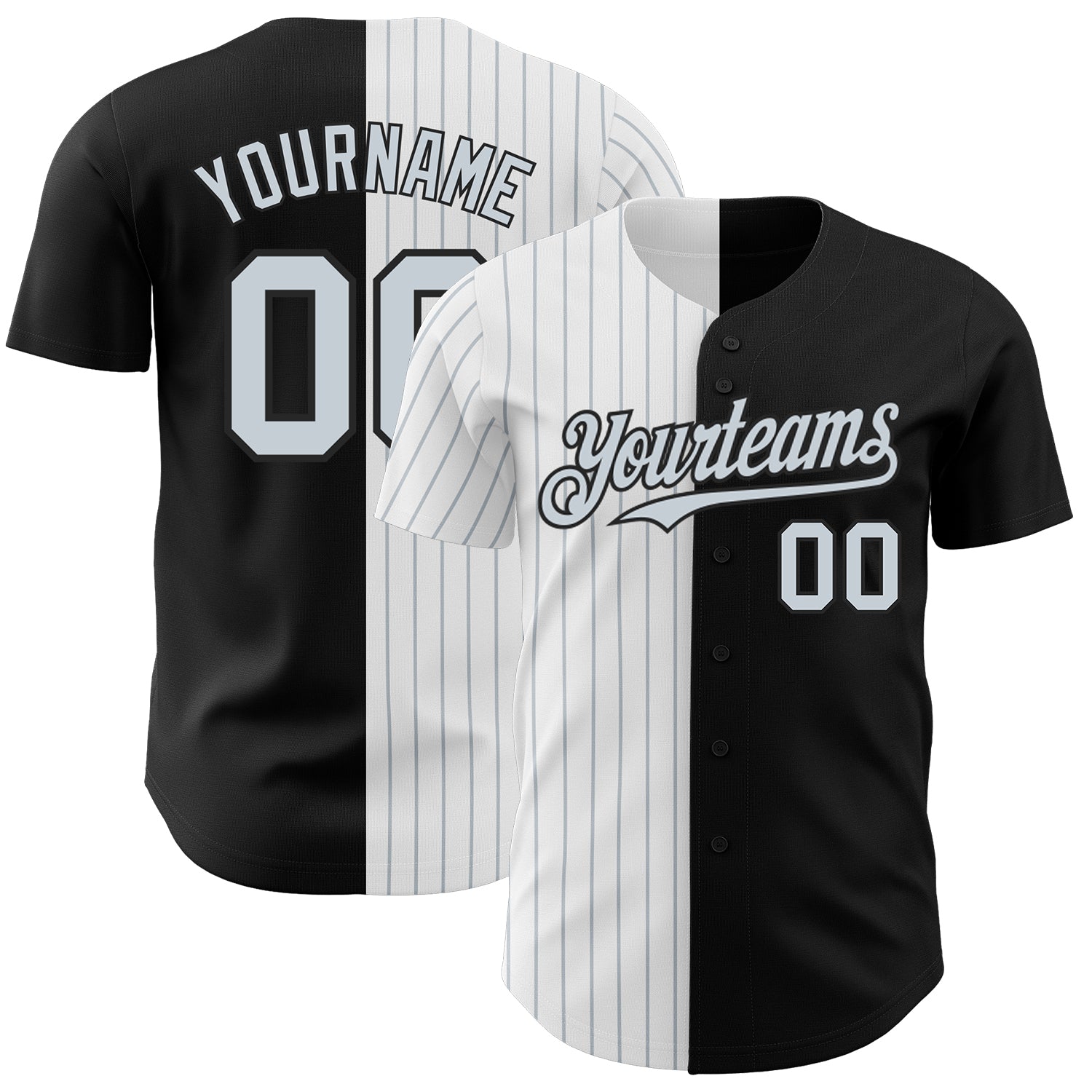 Personalized Black White Silver Pinstripe Baseball Jersey - Fashion Split Style Jersey Personalized Black White-Silver Pinstripe
