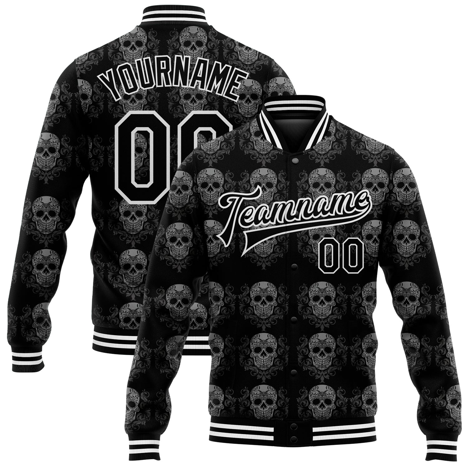 Custom Name Number Personalized 3D Skull Varsity Letterman Jacket Black White Bomber Full-Snap Fashion Personalized Black