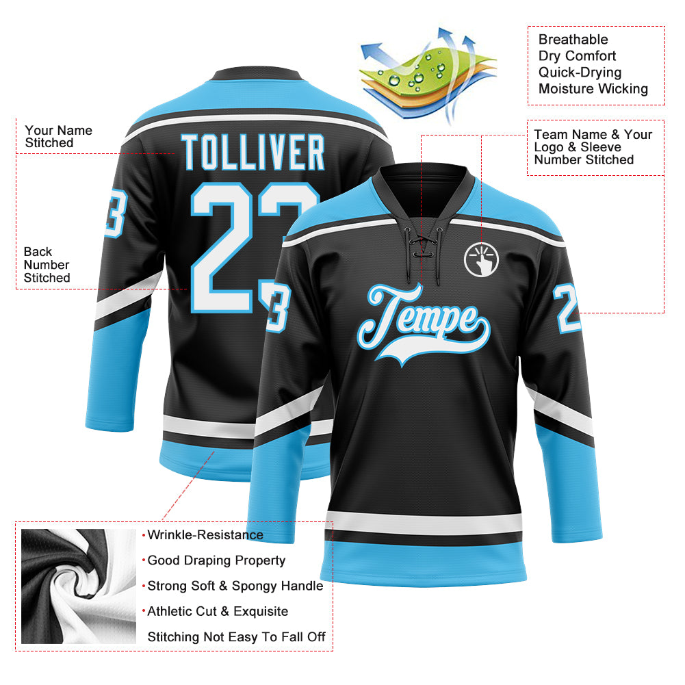 Personalized Black and Sky Blue Hockey Lace Neck Jersey for Men and Women Personalized Black White-Sky Blue Hockey Lace Neck - Image 3