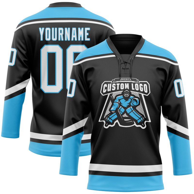 Custom Black and Sky Blue Hockey Jersey with Personalized Name and Number Personalized Black White-Sky Blue Hockey Lace Neck