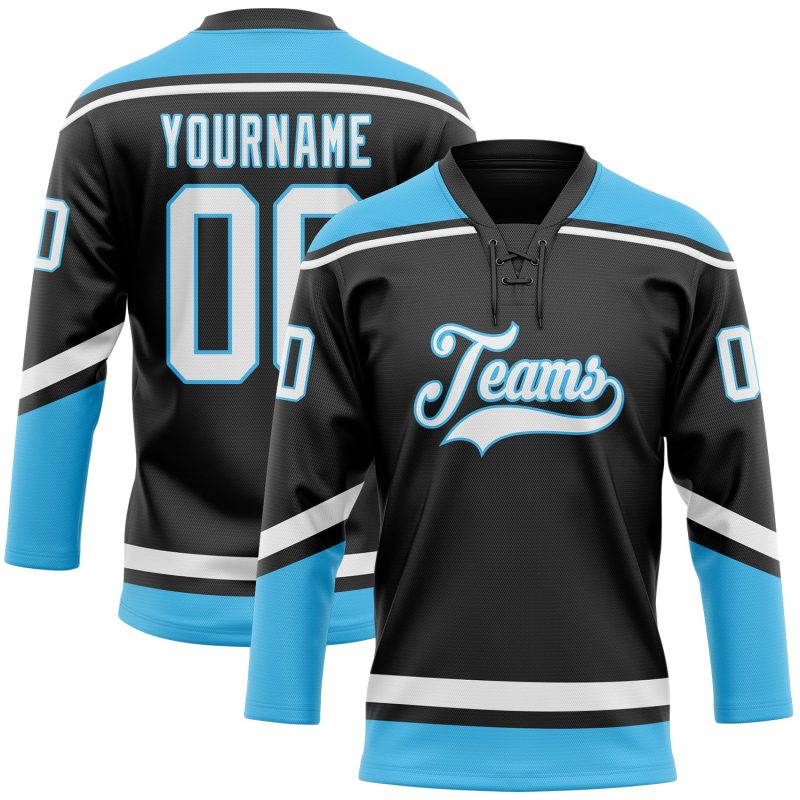 Custom Black and Sky Blue Hockey Jersey with Personalized Name and Number Personalized Black White-Sky Blue Hockey Lace Neck