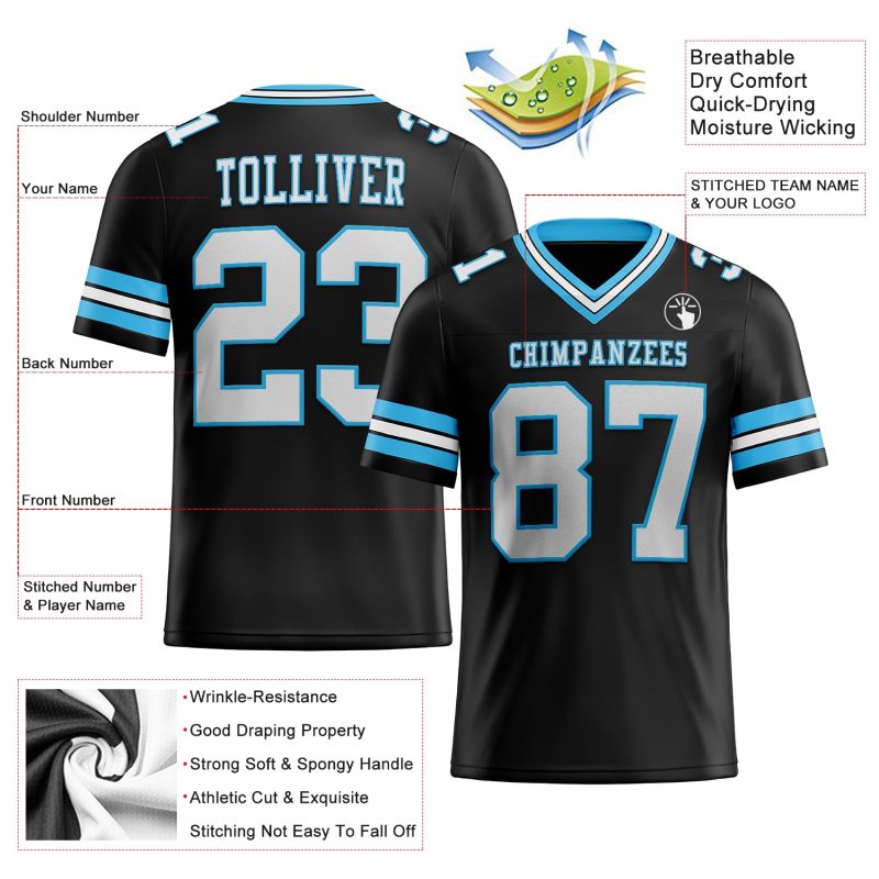 Custom Team Football Jersey - Personalized Black and Sky Blue Mesh with Name and Number Personalized Black White-Sky Blue