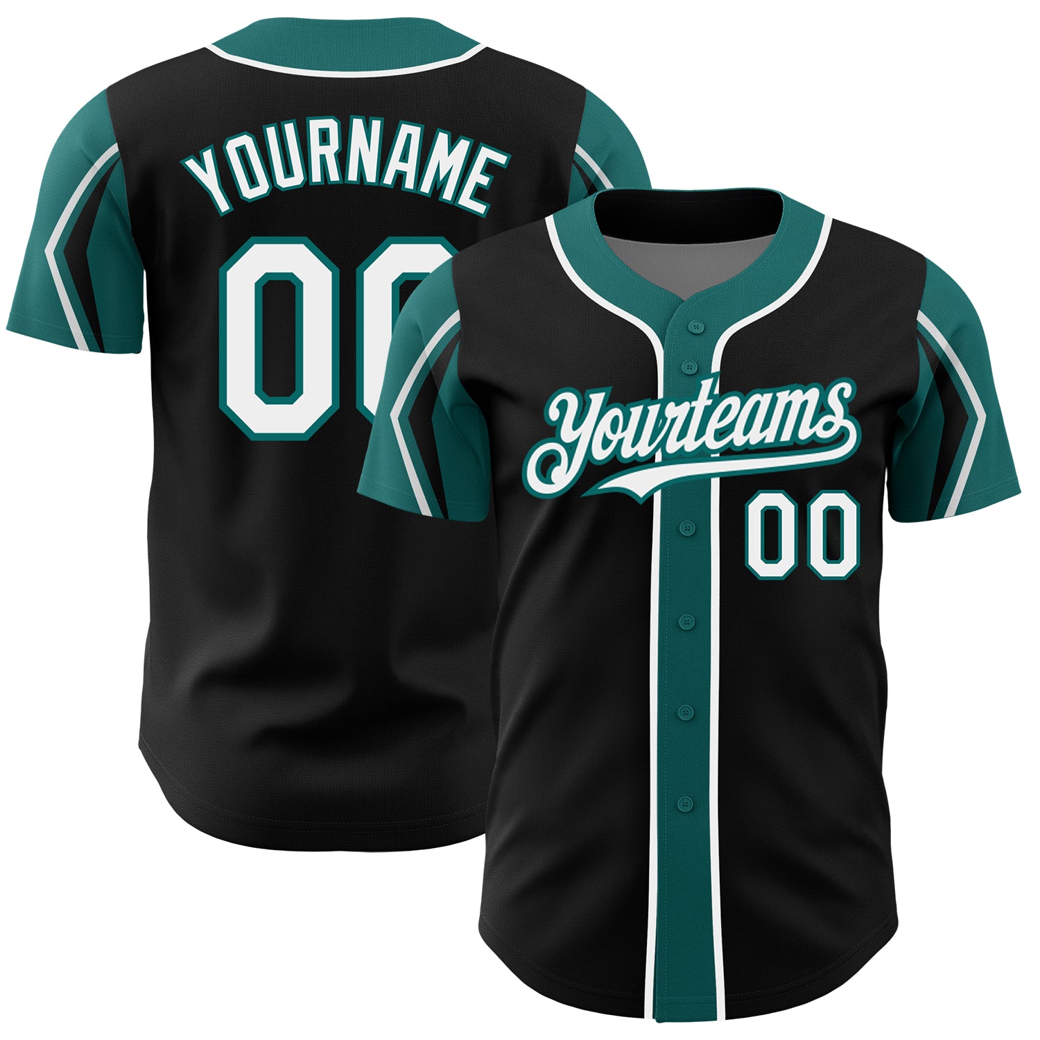 Custom Baseball Jersey with Personalized Name & Number - Black White Teal Arm Shapes, 3 Colors Available Personalized Black