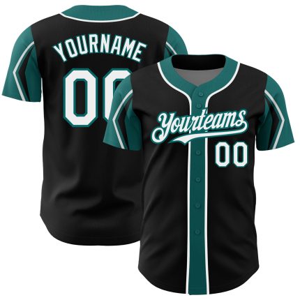 Personalized Black White Teal Baseball Jersey - Custom 3 Color Arm Shapes Design Personalized Black White-Teal 3 Colors Arm